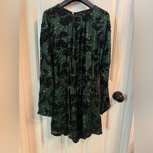 MAJE Iletie Sequined Flocked Tulle Playsuit Forest Green